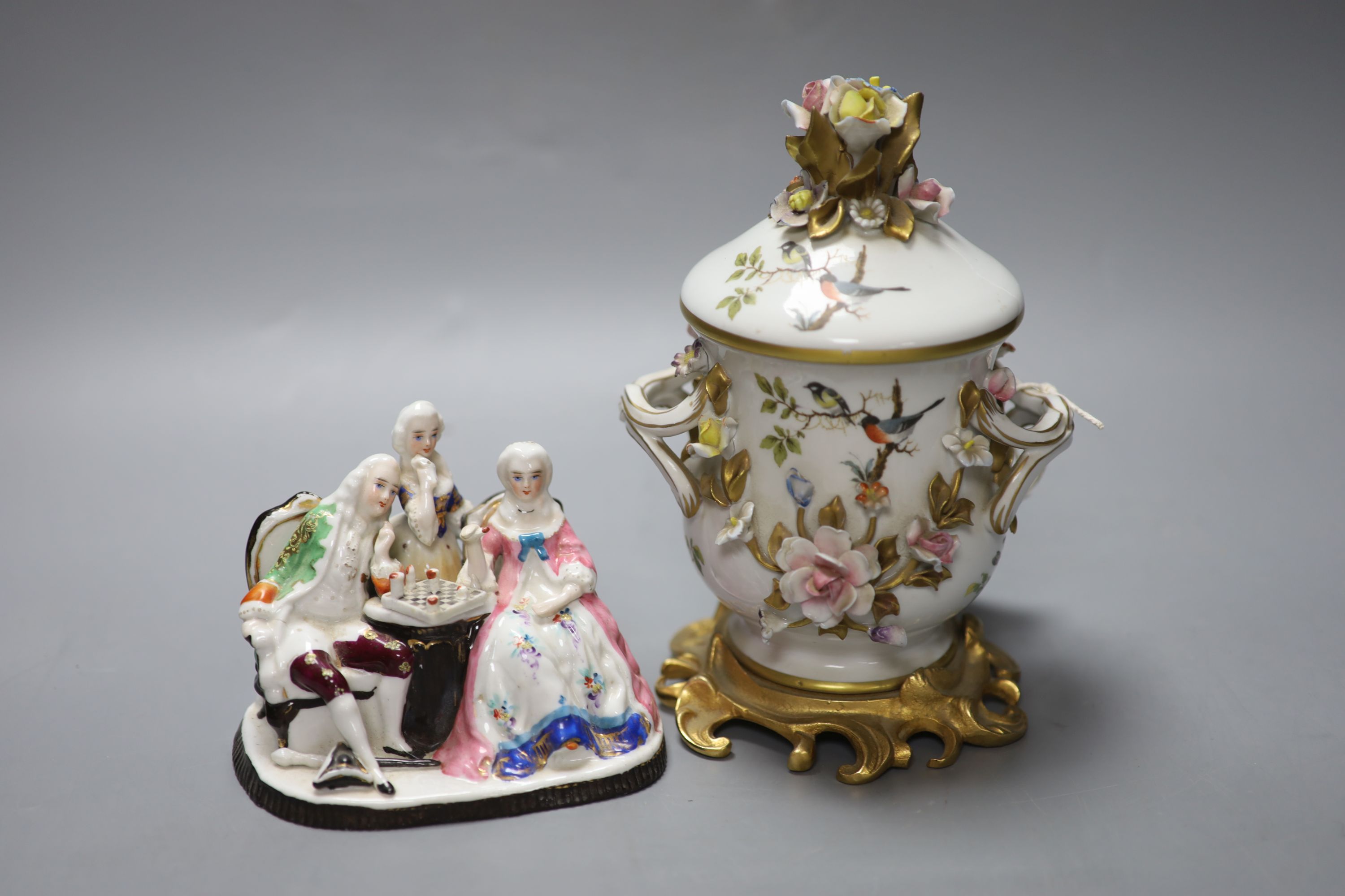 A Dresden porringer and three Continental porcelain figure groups, tallest 21cm